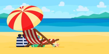 Tatil ve seyahat kavramı. Plaj şemsiye, plaj sandalyesi.