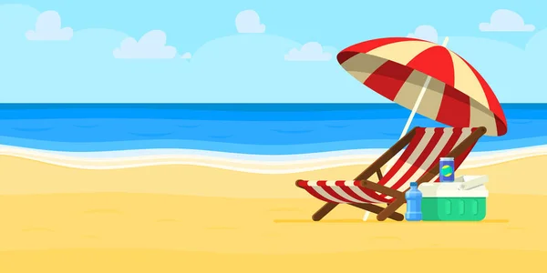Tatil ve seyahat kavramı. Plaj şemsiye, plaj sandalyesi. — Stok Vektör