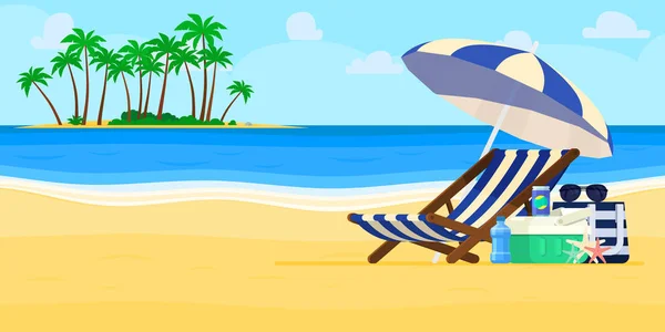 Concept vacances et voyages. Parapluie, chaise de plage . — Image vectorielle
