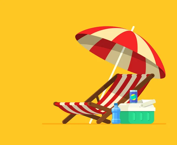 Nyaralás és utazás fogalom. Napernyő, strand szék. — Stock Vector
