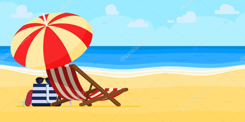 Vacation and travel concept. Beach umbrella, beach chair.
