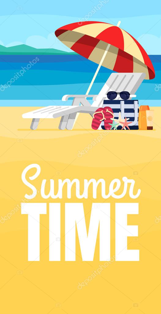 Vacation and travel concept. Beach umbrella, beach chair.