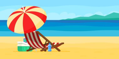 Tatil ve seyahat kavramı. Plaj şemsiye, plaj sandalyesi.