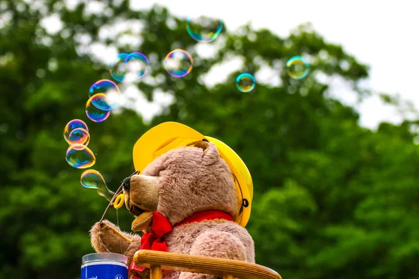 Teddybär Hut Weht Seifenblasen Auf Die Verschwommene Natur — Stockfoto