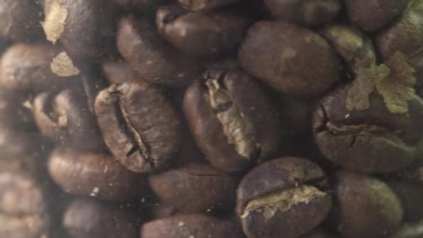 Koffie bonen in pot draaien close-up macro schot — Stockvideo