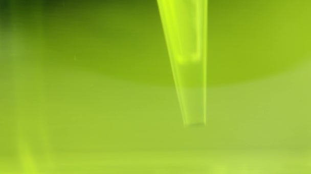 Лабораторний технічний аналіз ензиму хілалази, крупним планом деталь жовтої рідини — стокове відео