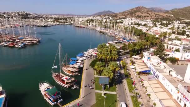 Bodrum centro de la ciudad, casas blancas, marina, drone shot Mugla TURQUÍA — Vídeos de Stock