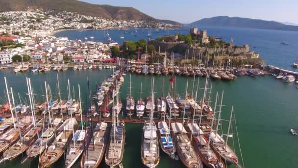 Castle marina aerial yacht Turkish flag drone shot business boat harbor luxury tourism coastline travel Bodrum Mugla, Turkey — Stock Video