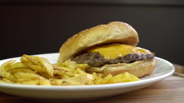 Gesmolten kaas hamburger met frietjes. Roterende op plaat — Stockvideo