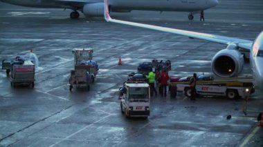 Istanbul Türkiye - Aralık 13-2016: Havaalanı çalışanları yükleme ve Bagaj konveyör gidip gelen ticari havayolu uçak üzerinde kaldırma.