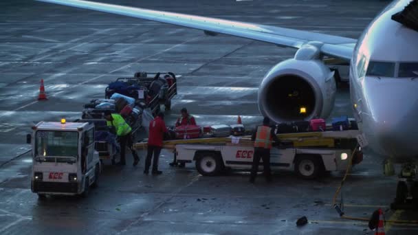 Istanboel - 13 December - 2016: Luchthaven medewerkers laden en lossen van bagage op de transportband en naar commerciële luchtvaartmaatschappij vliegtuig. — Stockvideo