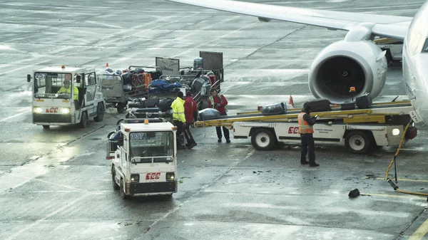Istanbul Türkiye - Aralık 13-2016: Havaalanı çalışanları yükleme ve Bagaj konveyör gidip gelen ticari havayolu uçak üzerinde kaldırma.