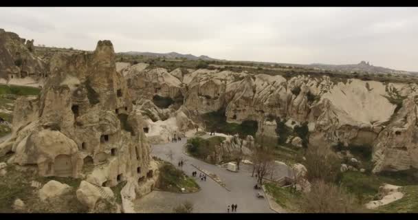 Aerial view of fairy chimneys, National Museum at Goreme, Cappadocia, TURKEY — Stock Video