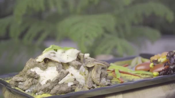 牛肉、米、モッツァレラチーズと野菜のプレートを回転させる. — ストック動画