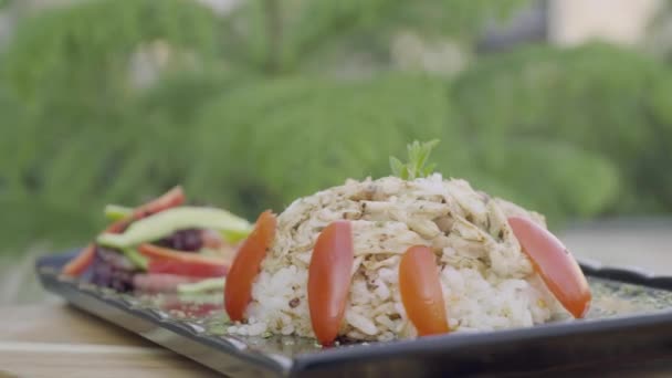 Курица, рис и овощи, вращающиеся на тарелке . — стоковое видео
