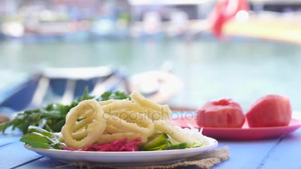 Fried calamari rings on wood blue table by the sea at Foca Izmir Turkey — Stock Video