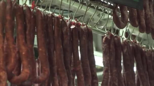 Embutidos ahumados y secos colgados en el mercado de carnicería del Mercado Municipal Paulistano Sao Paulo, Brasil . — Vídeo de stock