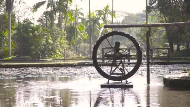 Roda Água Aço Girando Sob Poder Moinho Água Jardim Botânico — Vídeo de Stock