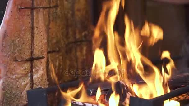 用粗盐烹调悬挂鱼架 木柴火和火焰 慢动作 — 图库视频影像