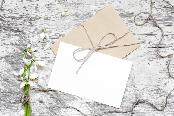 空白的白色贺卡和信封用雪莲鲜花 — 图库照片