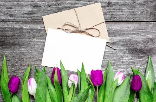 Carte de vœux blanche vierge et enveloppe avec tulipes violettes et roses — Photo