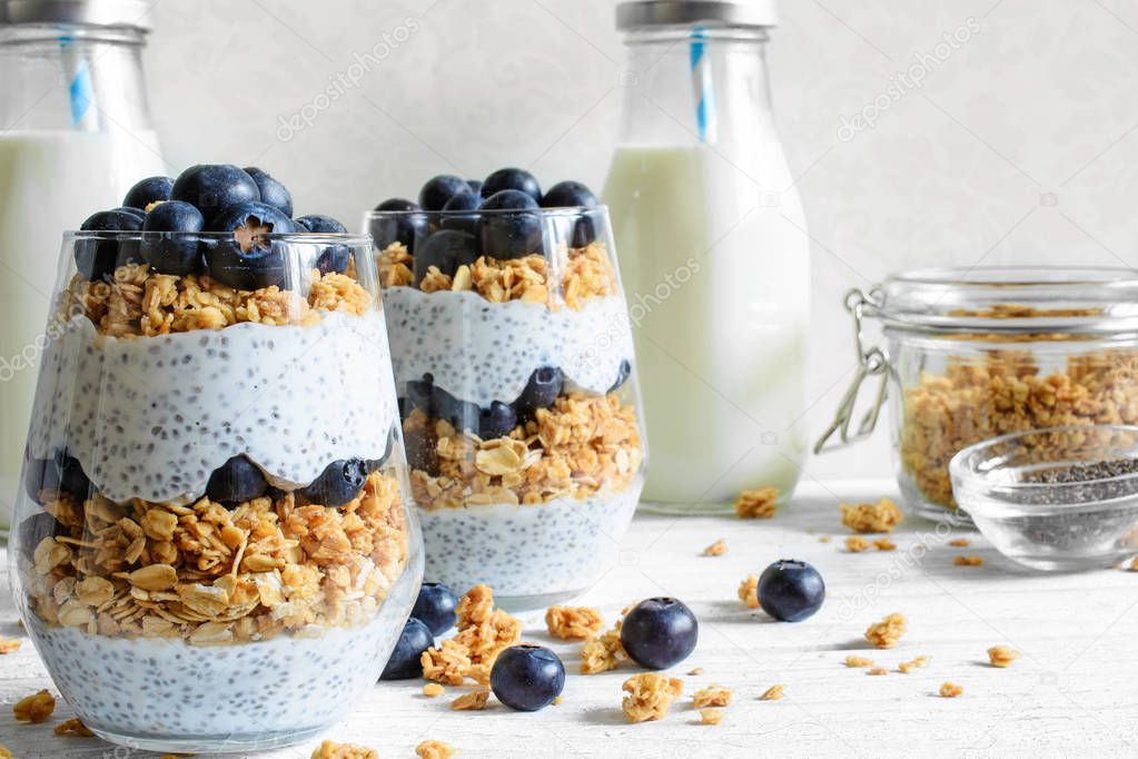 chia pudding or yogurt parfait with blueberries, granola and chia seeds