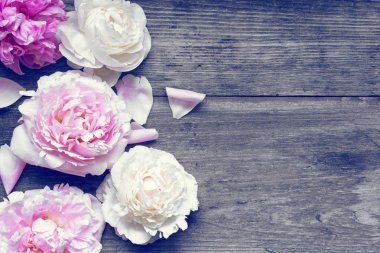 Düğün daveti veya yıldönümü tebrik kartı mockup pembe ve kremsi peonies çiçeklerle süslenmiş