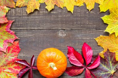 renkli yaprakları ve rustik ahşap arka plan üzerinde kabak ile sonbahar arka plan