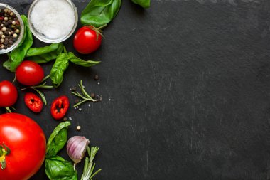 kavram aşçı iş sebze, baharatlar ve otlar koyu arka plan üzerinde.