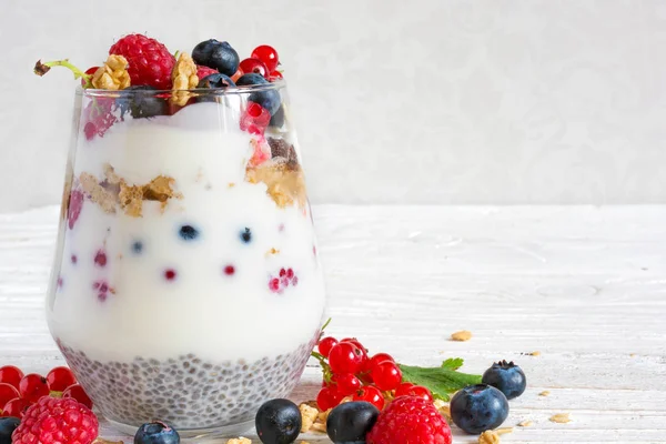 Joghurt mit Müsli, Müsli, Beeren und Chiasamen im Glas — Stockfoto