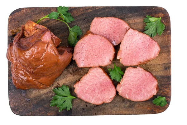 smoked beef meat on wooden cutting board isolated on white background