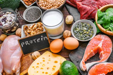 Protein besin kaynakları seçimi. sağlıklı diyet yeme kavramı
