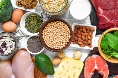 Protein besin kaynakları seçimi. Sağlıklı denge için et, balık, sebze, süt ürünleri, fasulye, fındık ve tohum