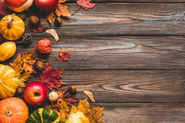 Şükran Günü ya da sonbahar geçmişi. Balkabakları, düşen yapraklar, kuru çiçekler ve fındıklar ile sonbahar kompozisyonu