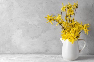 Beton arkaplan üzerinde sarı forsythia çiçekleri ve kopya alanı. natürmort. Kadınlar günü konsepti