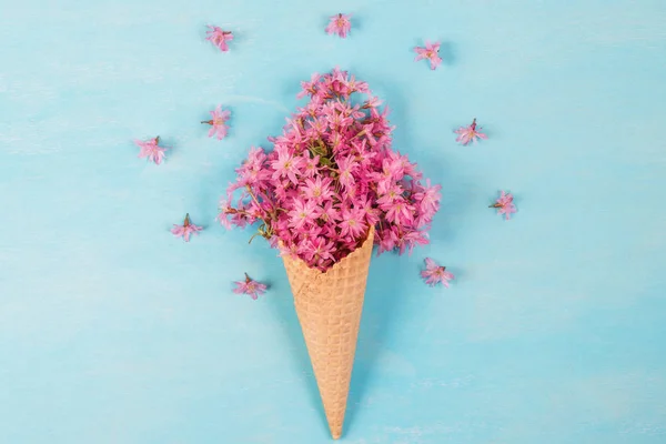 Es krim kerucut dengan cherry merah muda mekar atau bunga sakura di latar belakang biru. Konsep musim semi minimal. Letak rata — Stok Foto
