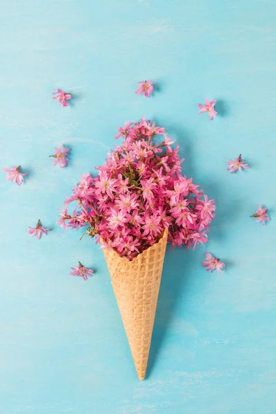 Spring cherry merah muda bunga mekar di wafel kerucut pada latar belakang biru. Konsep musim semi minimal. orientasi vertikal — Stok Foto