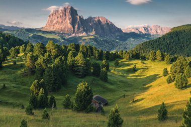 İtalyan Dolomit Alpleri 'nin manzarası çok güzel. Alpe di Siusi ya da Seiser Alm ile Sassolungo ya da Langkofel Dağı arka planda gün doğumunda. Trentino Alto Adige, Güney Tyrol, İtalya, Avrupa
