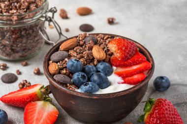 Yunan yoğurtlu çikolatalı granola, sağlıklı kahvaltı için gri arka planda taze böğürtlen ve fındık. Kapat.