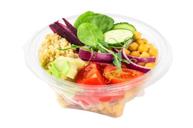 Paket servis için sağlıklı vegan Buda kasesi salatası ya da beyaz arka planda izole edilmiş yiyecek teslimatı. Kapat.