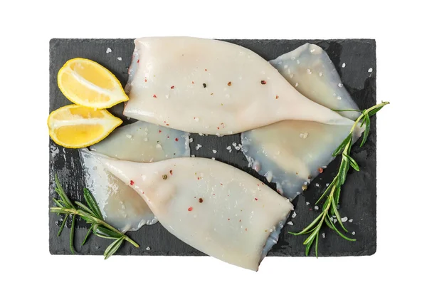 Filete Fresco Calamar Crudo Con Ingredientes Para Cocinar Pizarra Negra —  Fotos de Stock