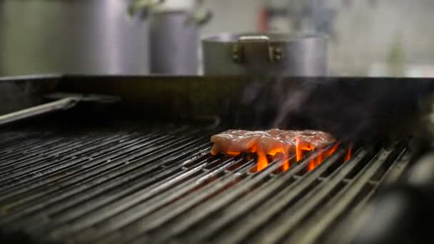 Koch braten Hühnchen und Brot für Sandwiches auf dem Grill — Stockvideo