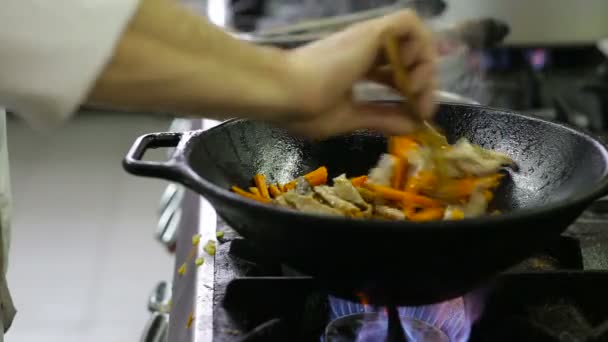 부엌에서 냄비에 고기와 요리사 튀김 야채 — 비디오