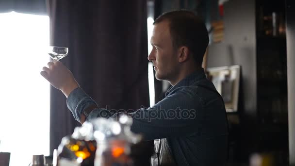 O barman limpando os óculos atrás do bar — Vídeo de Stock