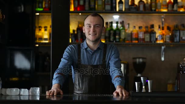 Porträt eines Barkeepers an der Bar — Stockvideo