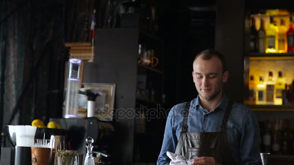 El joven camarero se comunica con el cliente y le prepara un cóctel. — Vídeos de Stock