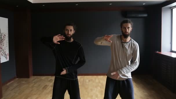 Twins brothers practice Tai Chi in the training hall — Stock Video
