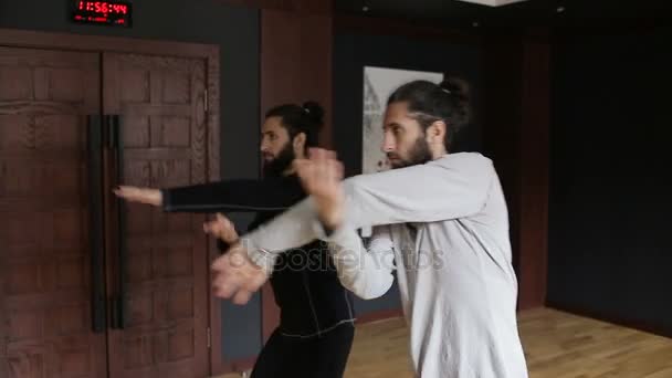 Ikrek testvérek gyakorlat Tai Chi a képzést folyosón — Stock videók