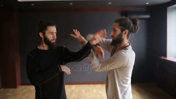 Irmãos gêmeos praticando tai chi golpes no salão de treinamento — Vídeo de Stock