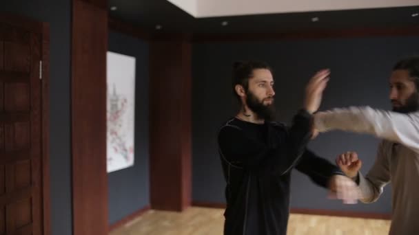 Irmãos gêmeos praticando tai chi golpes no salão de treinamento — Vídeo de Stock